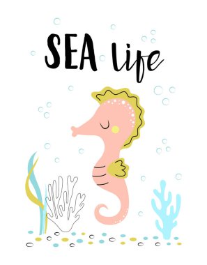 Şirin deniz atı, mercanlar ve İskandinav tarzı beyaz arka planda deniz canlısı, şirin bebek hayvanlar.