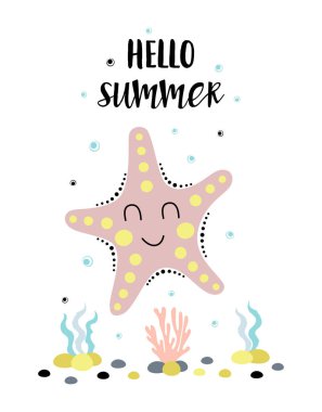 Şirin deniz yıldızlı, mercanlı ve beyaz arka planda İskandinav tarzında yazılmış merhaba yazılı kart, şirin bebek hayvanlar.