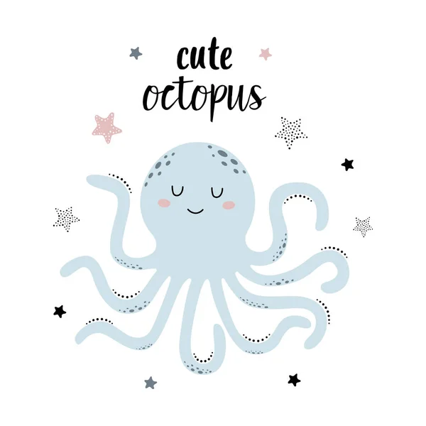 Card Cartoon Octopus Starfish Lettering Cute Octopus Scandinavian Style White — Stock Vector
