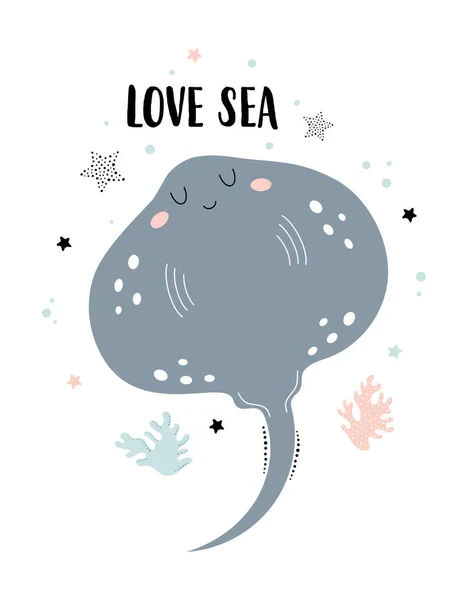 Card Cute Stingray Corals Starfish Lettering Love Sea Scandinavian Style — Stock Vector