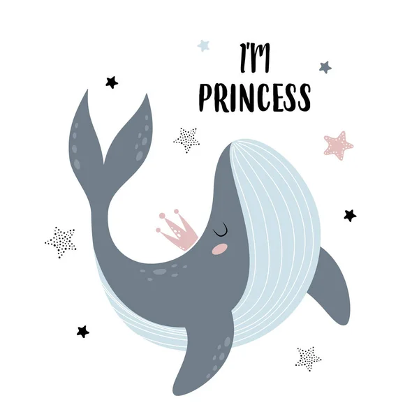Card Cartoon Whale Crown Starfish Lettering Sou Princesa Estilo Escandinavo — Vetor de Stock