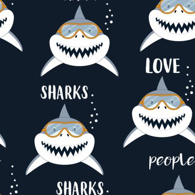 Şirin köpekbalıklarının ve köpekbalıklarının kusursuz desenleri siyah deniz hayvanlarının baskısıyla izole edilmiş insanları sever.