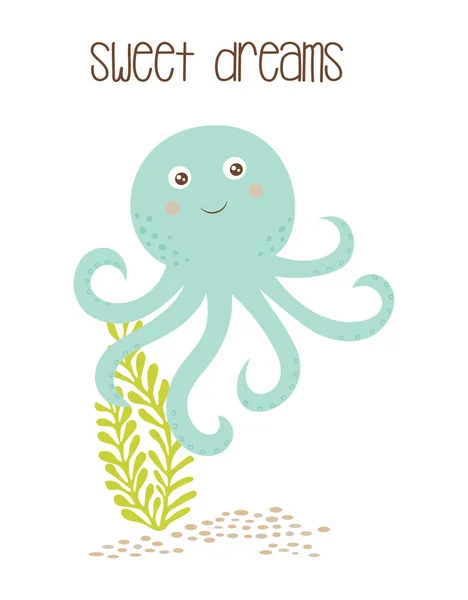 Card Cartoon Octopus Algae Lettering Sweet Dreams Scandinavian Style White — Stock Vector