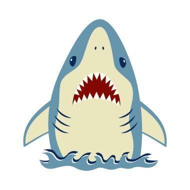 Beyaz üzerine izole edilmiş şirin köpekbalığı kartı, karikatür şeklinde hayvan denizcisi, renkli çocuk posteri.