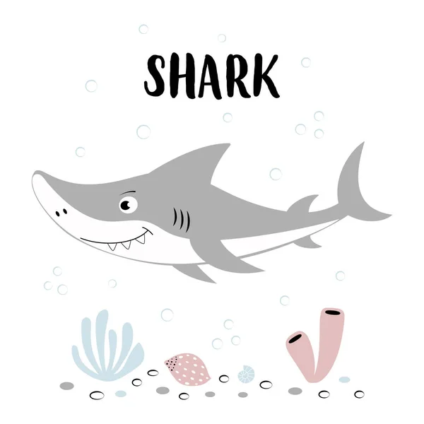 Tarjeta Tiburón Lindo Letras Aisladas Blanco Impresión Estilo Dibujos Animados — Archivo Imágenes Vectoriales