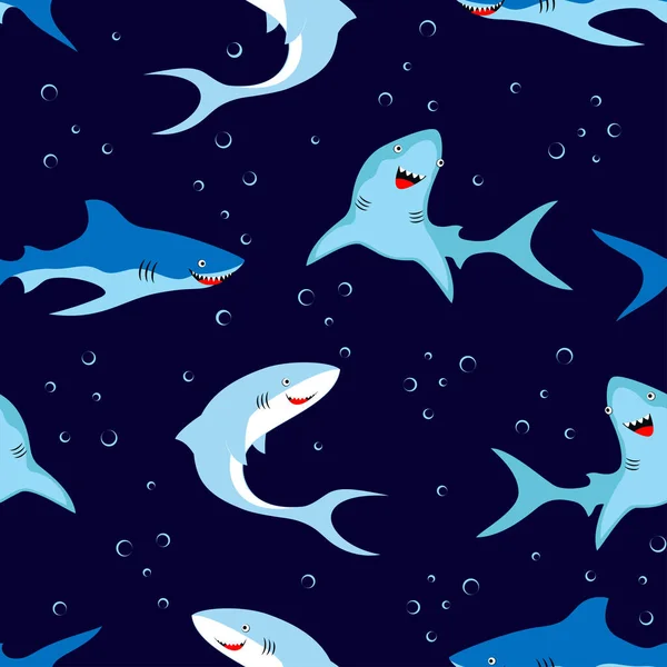 Απρόσκοπτη Μοτίβο Χαριτωμένο Καρχαρία Απομονώνονται Σκούρο Μπλε Εκτύπωση Στυλ Κινουμένων — Διανυσματικό Αρχείο