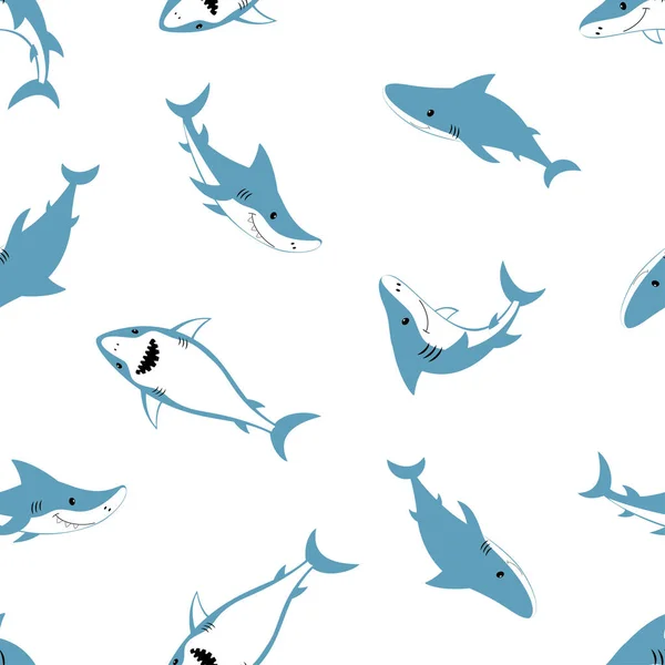 白に隔離されたかわいいサメのシームレスなパターン動物の海洋 カラフルな子供のポスターと漫画のスタイルで印刷 — ストックベクタ