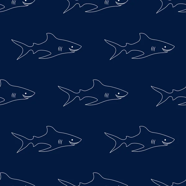 ダークブルーに隔離されたかわいいサメのシームレスなパターン動物性海洋と漫画のスタイルで印刷 — ストックベクタ