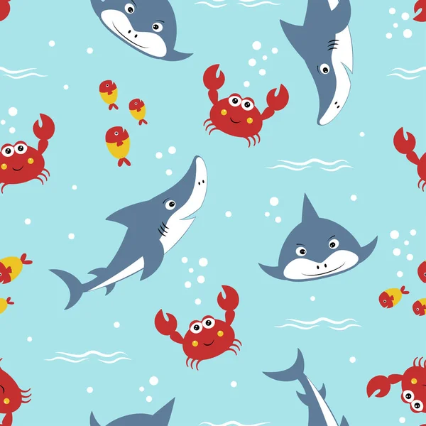 Seamless Pattern Cute Shark Crabs Fishes Isolated Blue Print Cartoon — Stock Vector