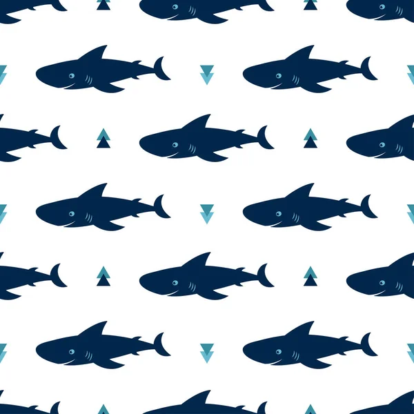 白に隔離されたかわいいサメのシームレスなパターン動物性海洋と漫画のスタイルで印刷 — ストックベクタ