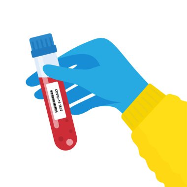 Elinde kan örneği içeren bir test tüpü var. Test tüpünde Covid-19 analizi için kan var. Laboratuvar hasta kanını test ediyor. Vektör illüstrasyonu beyaz arkaplanda izole edildi