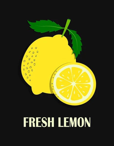 イラスト 漫画フルーツとレタリングフレッシュレモン レモンとスライス全体が黒の背景に隔離されたバナー フルーツプリント — ストックベクタ