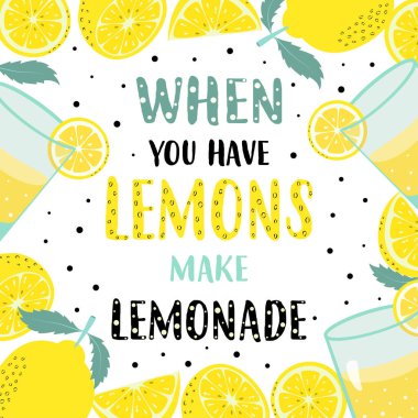 Limonlu kart, limon dilimli çerçeve, limon suyu bardakları ve limonlu harf limonata