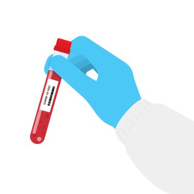 Elinde kan örneği içeren bir test tüpü var. Test tüpünde Covid-19 analizi için kan var. Laboratuvar hasta kanını test ediyor. Vektör illüstrasyonu beyaz arkaplanda izole edildi