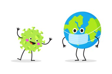 Koruyucu maske takan çizgi film karakteri Earth. Coronavirus 'u durdurun. Vektör İllüstrasyonu