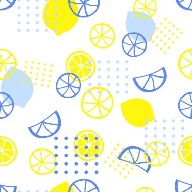 Çizgi film narenciye meyveli kusursuz desen, beyaz arka planda izole edilmiş İskandinav tarzı limonlu soyut çizim