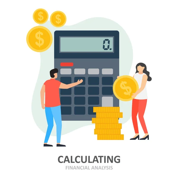 我在计算男人和女人分析公司的财务状况计算 会计师出具财务报告 矢量说明 — 图库矢量图片
