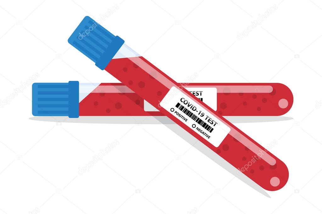 Blood sample tube for COVID-19, coronavirus test. Coronavirus Covid-19 test result. Vector illustration isolated on a white background