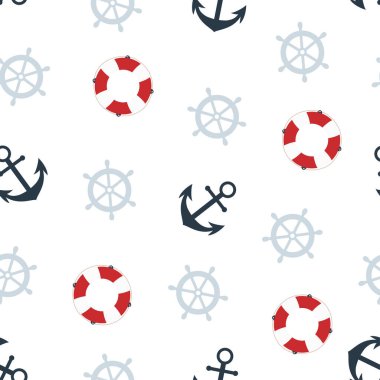 Beyaz arka planda çapaları, can simidi ve miğferleri olan kusursuz denizcilik deseni, deniz yolculuğu, renkli deniz baskısı