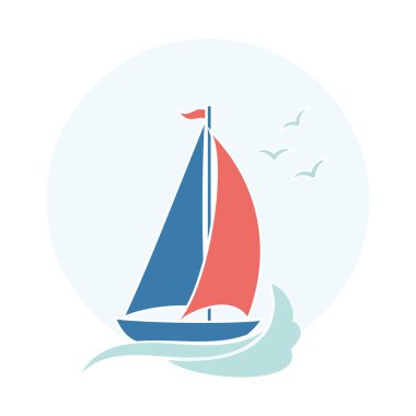 Dalgada yelkenli kartı, gökyüzünde martılar, deniz baskısı