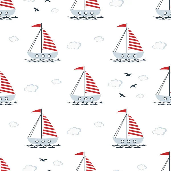 Marine Seamless Pattern Cartoon Boats Gulls Clouds Waves White Background — Stock Vector