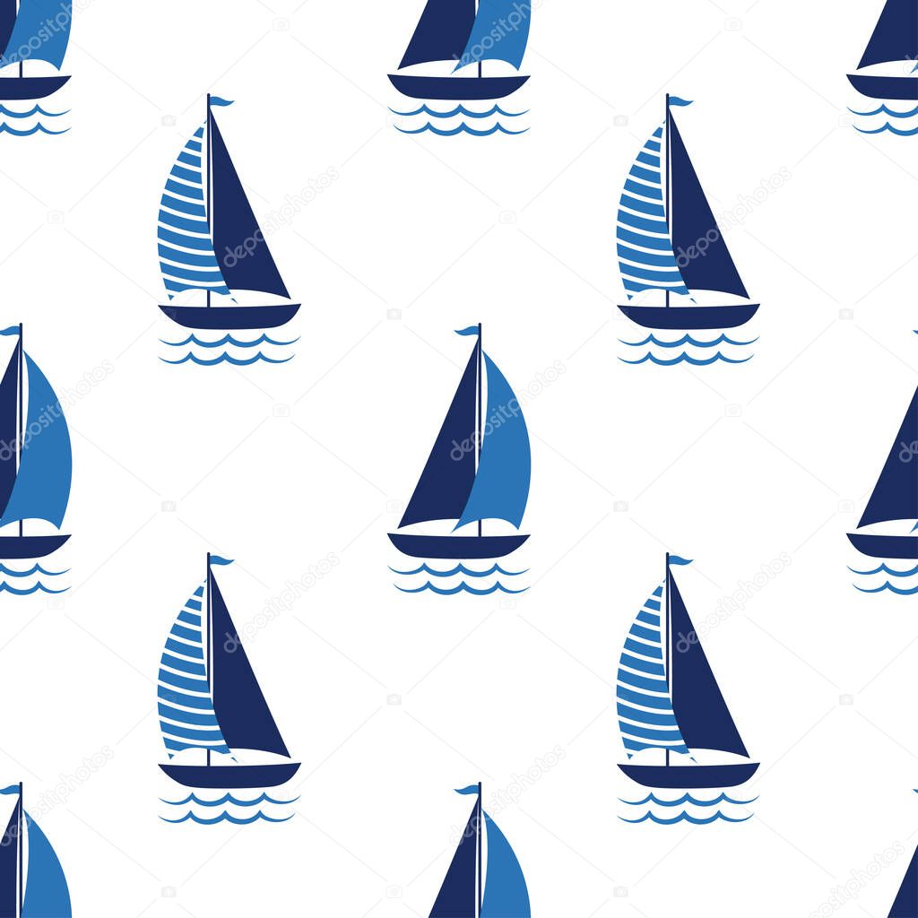marine seamless pattern with cartoon cute boats, and waves on white background, nautical wallpaper, scandinavian pattern, child print