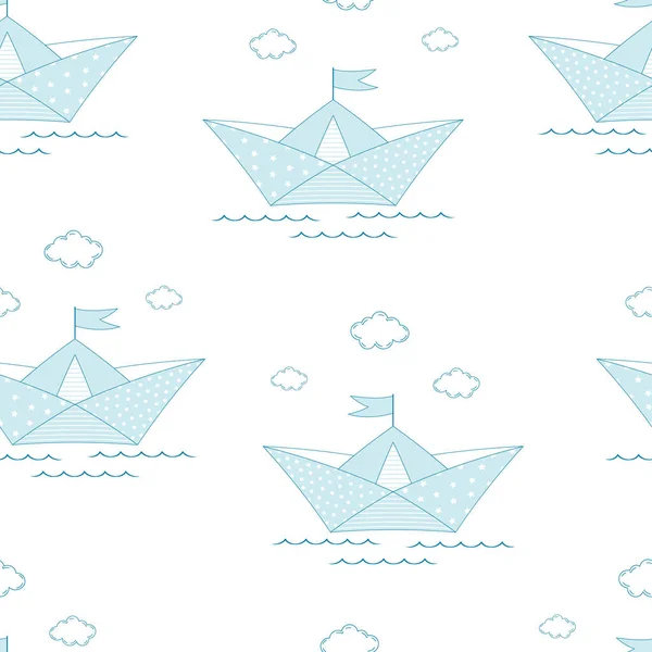 Cute Seamless Pattern Paper Boat Clouds Isolated White Background Cartoon — Stock Vector