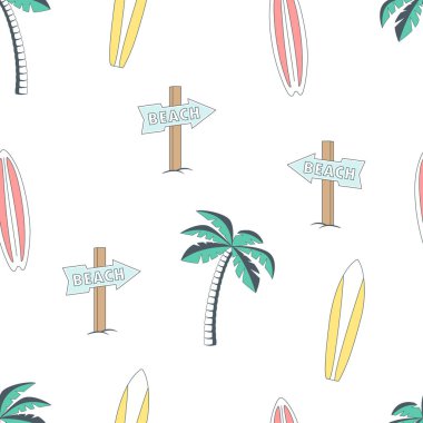 Beyaz arka planda sörf tahtaları ve palmiye ağaçları olan kusursuz desen, yaz vektör baskısı