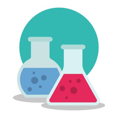 Çalışmalar ve bilimsel deneyler. Laboratuvar ekipmanları, kimya şişeleri. Vektör illüstrasyonu.