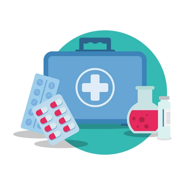 Trousse Premiers Secours Médical Urgence Médicaments Éprouvettes Médicales Illustration Vectorielle — Image vectorielle