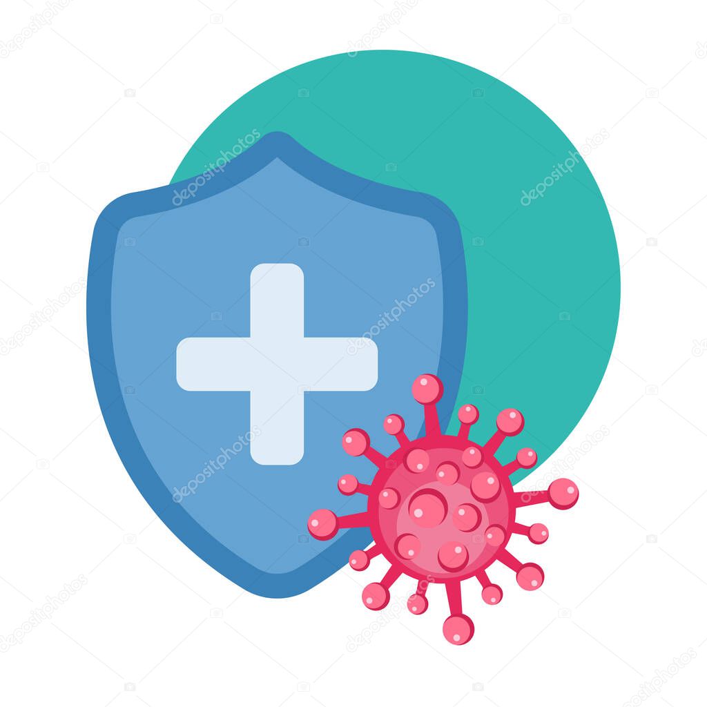 Immune system concept. Medical shield surrounded by viruses and bacterium. Protect from virus. Vector illustration isolated on white background.