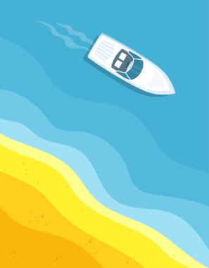 Mavi sularda yüzen sürat teknesi kartı, üst görünüm, vektör illüstrasyonu