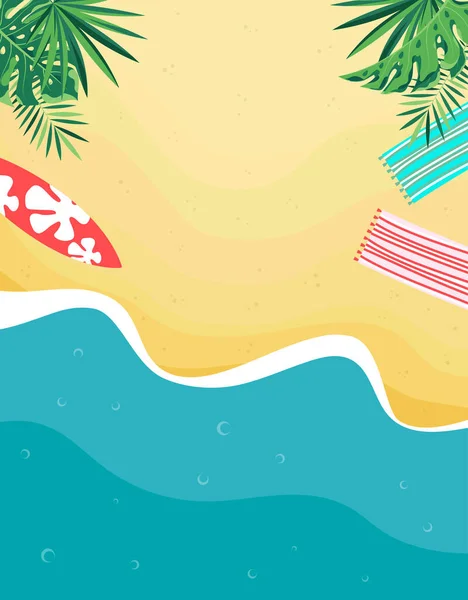 Векторная Иллюстрация Летнего Пляжа Волнами Доска Серфинга Полотенца Пальмовые Листья — стоковый вектор