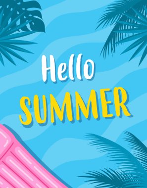 Şişme şilteli, palmiye yapraklı ve harfli yaz kartı. Mavi suda izole edilmiş yaz mevsimi, vektör illüstrasyonu, düz tasarım.