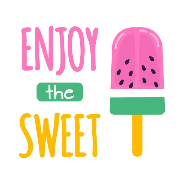 Card Green Pink Fruit Ice Cream Lettering Enjoy Sweet Isolated — Stock Vector