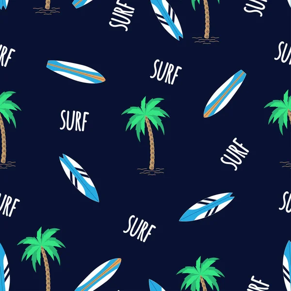 Patrón Sin Costuras Tablas Surf Palmera Letras Surf Sobre Fondo — Vector de stock