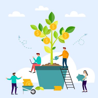 Para ağacı, şirket geliri. İş adamları saksıda bitki yetiştirir ve altın para toplarlar. Başarılı bir başlangıç, karlı yeni bir iş, finansal büyüme. Vektör illüstrasyonu.