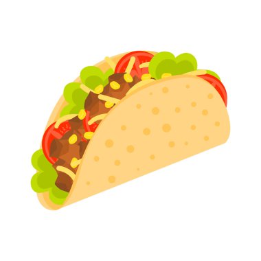 Et ve sebzeli taco. Beyaz arka planda izole edilmiş geleneksel tacolar. Taco Meksika yemek vektör illüstrasyonu.