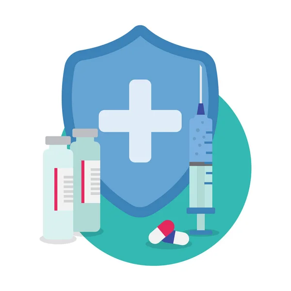 青いワクチンと薬の瓶で注射のためのシリンジ ベクターイラスト — ストックベクタ