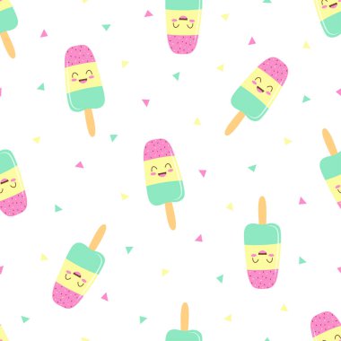 Beyaz arka planda sevimli çizgi film karakteri dondurmasının kusursuz deseni, yaz baskısı
