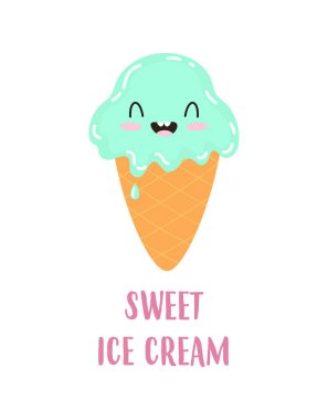 Beyaz arka planda şirin dondurma ve harflerle izole edilmiş yaz kartı, vektör illüstrasyonu