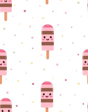 Beyaz arka planda sevimli çizgi film karakteri dondurmasının kusursuz deseni, yaz baskısı