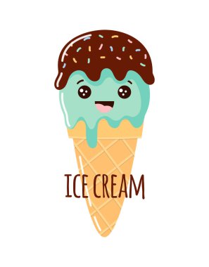Beyaz arka planda harflerle izole edilmiş tatlı dondurma külahı karikatürü çizimi, yaz kartı
