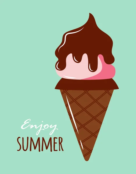 Κάρτα Χαριτωμένο Παγωτό Γράμματα Απολαύσετε Καλοκαίρι Απομονωμένο Στο Πράσινο Φόντο — Διανυσματικό Αρχείο