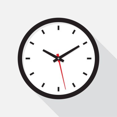 Düz dizaynlı saat simgesi. Beyaz arka planda gölgesi olan ofis saati. Vektör illüstrasyonu