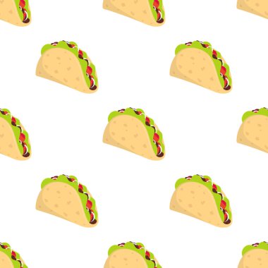 Beyaz arka planda izole edilmiş geleneksel tacolar, buğday tortillaonunda Meksika tacosu, fast food, vektör illüstrasyon