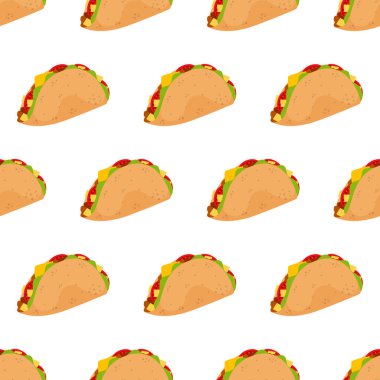 Beyaz arka planda izole edilmiş geleneksel tacolar, buğday tortillaonunda Meksika tacosu, fast food, vektör illüstrasyon