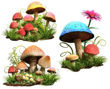 Groups of Mushrooms 3D illustration clipart