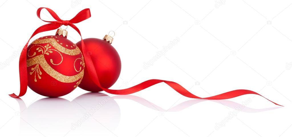 Red christmas decoration baubles with ribbon bow isolated on whi