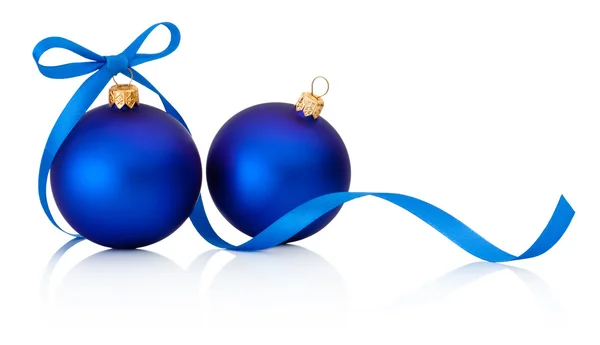 Two Blue Christmas baubles with ribbon bow isolated on white bac — ストック写真